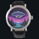 Alien Spaceship Retro Futuristic Watch<br><div class="desc">Step into a world of otherworldly wonder with our mesmerising Alien Spaceship Vaporwave Aesthetic Art Print. Against the backdrop of a starlit sky, this captivating scene depicts an alien spaceship hovering over a serene night field, casting an ethereal glow that bathes the surroundings in a surreal light. Inspired by the...</div>