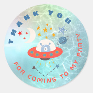 Alien Spaceship Thank You teal Birthday Favour Classic Round Sticker