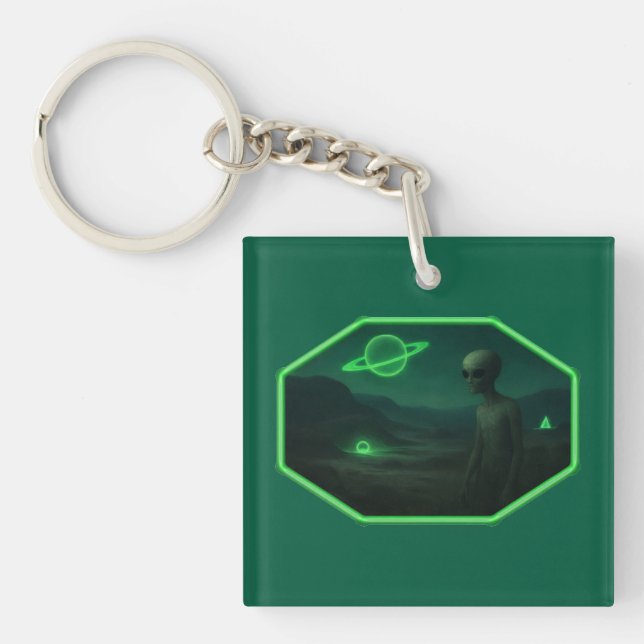 Alien Strolling Across A Dark Desolate Landscape Key Ring (Front)