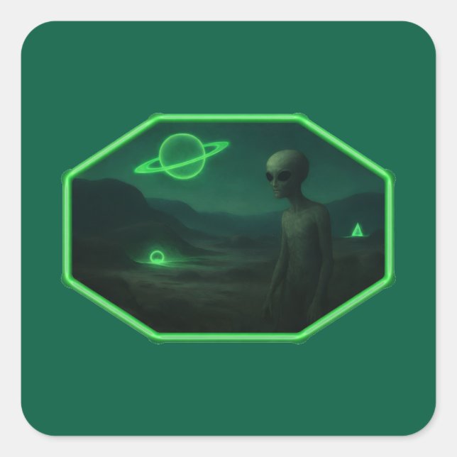 Alien Strolling Across A Dark Desolate Landscape Square Sticker (Front)
