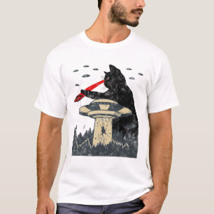 Alien Ufo Abduction Laser Eye Funny Cat  T-Shirt