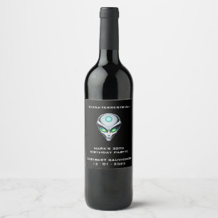 Alien UFO Abduction Spaceship Birthday Party Wine Label