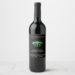 Alien UFO Abduction Spaceship Birthday Party Wine Label