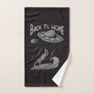 alien ufo surfing illustration with back to home bath towel set