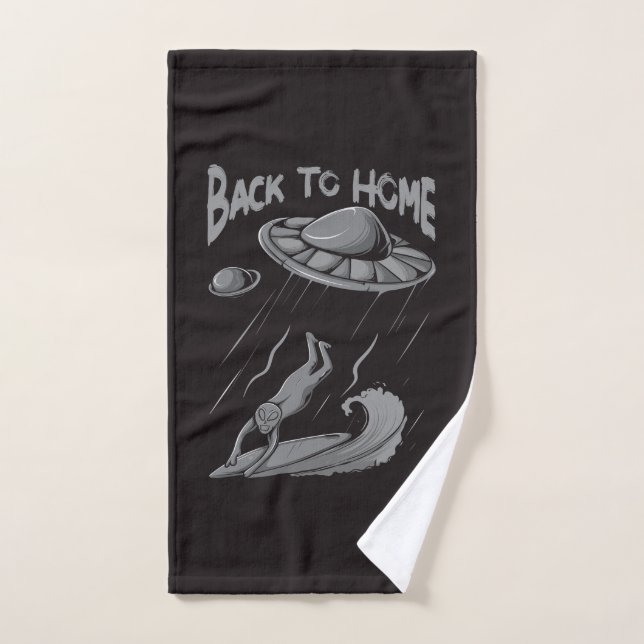 alien ufo surfing illustration with back to home   bath towel set (Hand Towel)