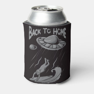alien ufo surfing illustration with back to home can cooler