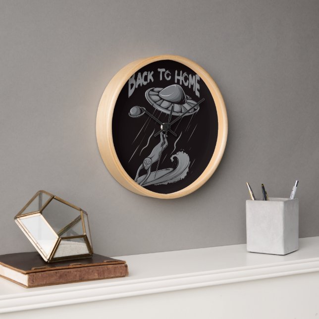 alien ufo surfing illustration with back to home   clock (Office)