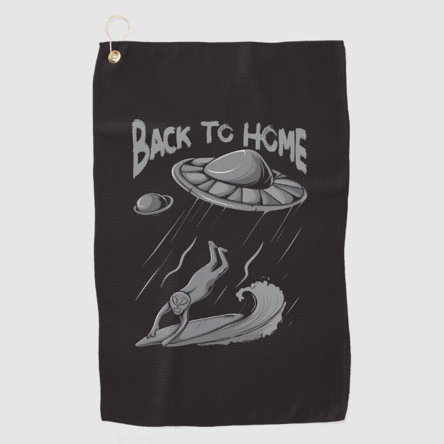 alien ufo surfing illustration with back to home   golf towel (Front)