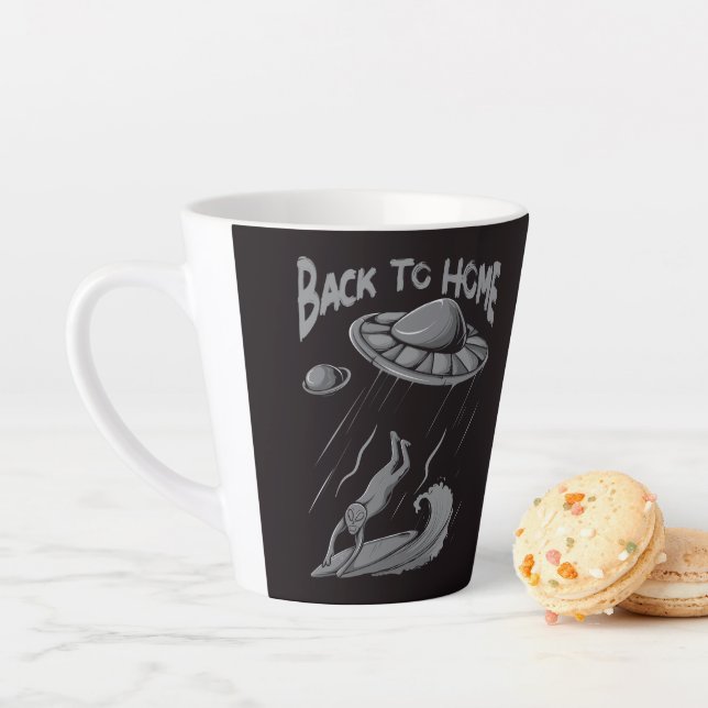 alien ufo surfing illustration with back to home  latte mug (In Situ)