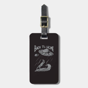 alien ufo surfing illustration with back to home luggage tag