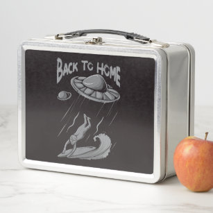 alien ufo surfing illustration with back to home   metal lunch box