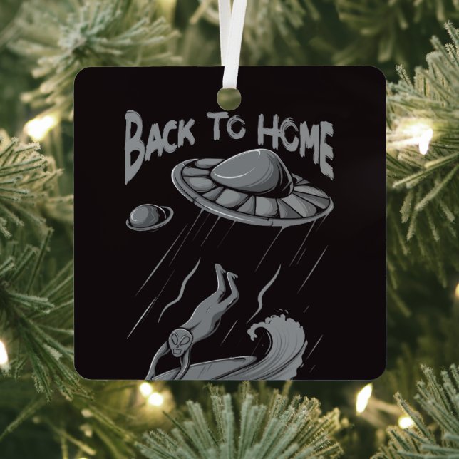 alien ufo surfing illustration with back to home   metal tree decoration (Insitu)