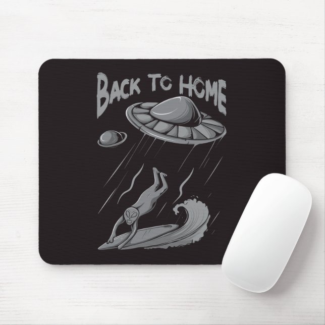 alien ufo surfing illustration with back to home   mouse mat (With Mouse)