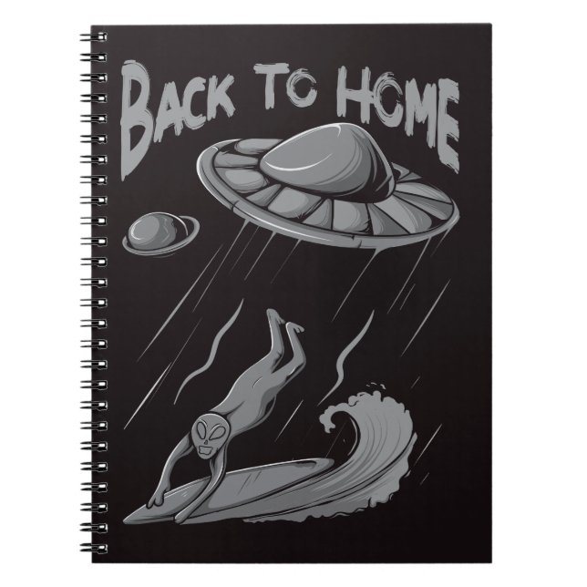 alien ufo surfing illustration with back to home   notebook (Front)