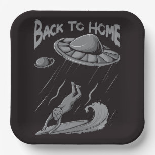 alien ufo surfing illustration with back to home paper plate