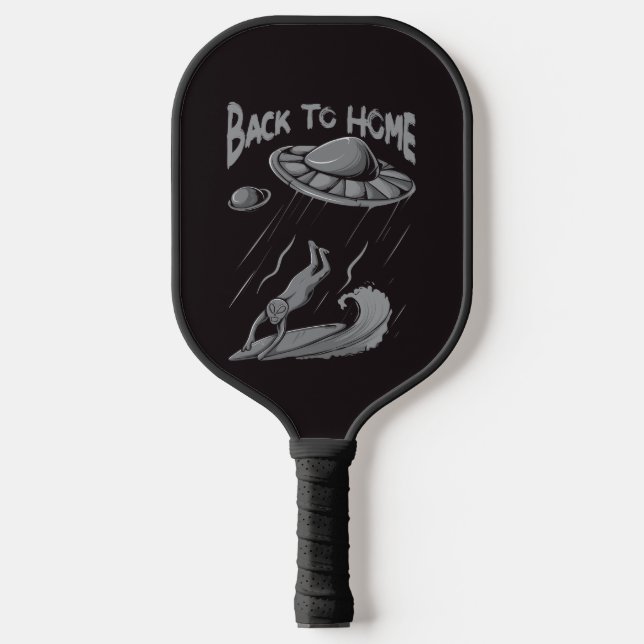 alien ufo surfing illustration with back to home   pickleball paddle (Front)
