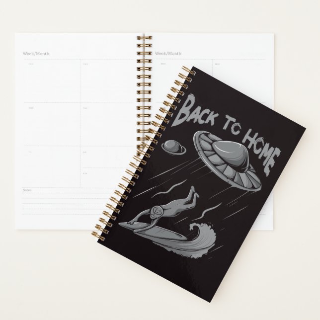 alien ufo surfing illustration with back to home  planner (Display)