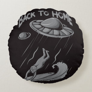alien ufo surfing illustration with back to home  round cushion
