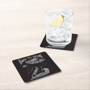 alien ufo surfing illustration with back to home square paper coaster