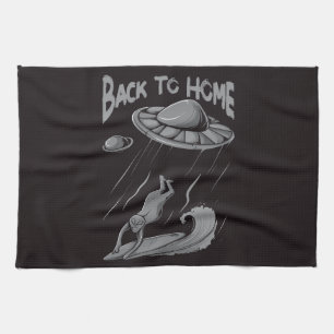 alien ufo surfing illustration with back to home   tea towel