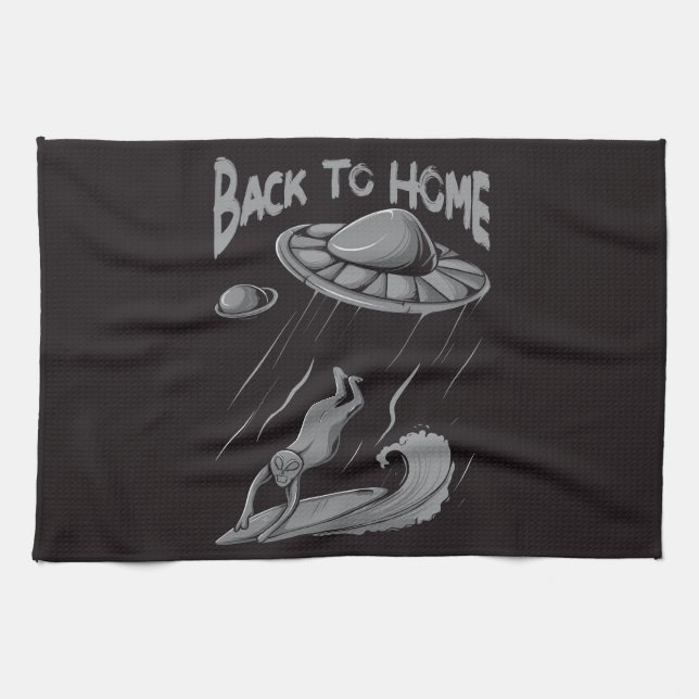 alien ufo surfing illustration with back to home   tea towel (Horizontal)