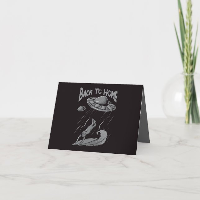 alien ufo surfing illustration with back to home   thank you card (Front)