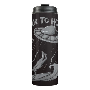alien ufo surfing illustration with back to home   thermal tumbler