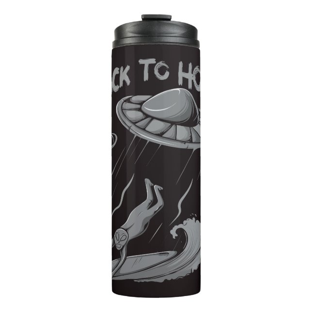 alien ufo surfing illustration with back to home   thermal tumbler (Front)