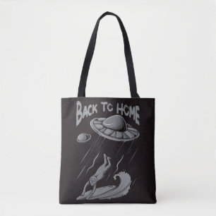 alien ufo surfing illustration with back to home   tote bag
