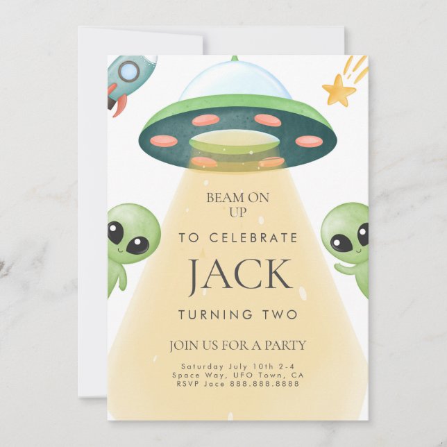 Alien UFO Watercolor Birthday Invitation For Kids (Front)