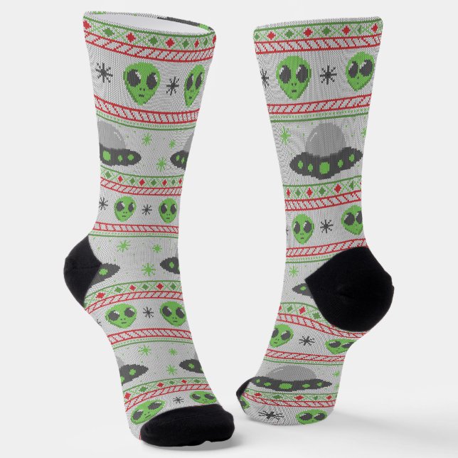 Alien Ugly Christmas Sweater Socks (Angled)
