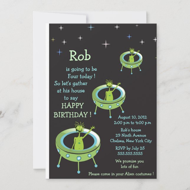 Alien Visitors - kids birthday invitation (Front)