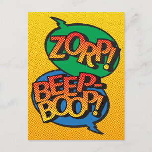 Alien vs robot pop art - primary holiday postcard
