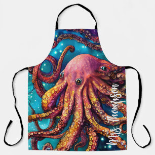 Alien Watercolor Octopus with Personalised Name Apron