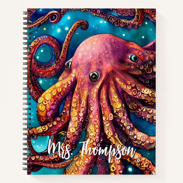 Alien Watercolor Octopus with Personalised Name Notebook (Front)