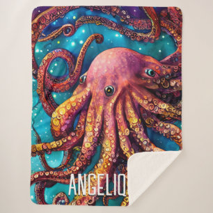 Alien Watercolor Octopus with Personalised Name Sherpa Blanket