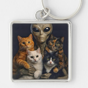 Alien with Cats Renaissance Art Oil Painting Key Ring