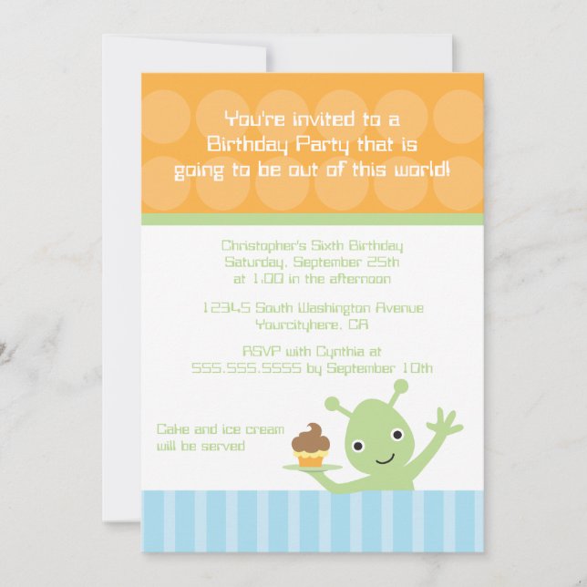 Alien with cupcake boy's birthday party invitation (Front)