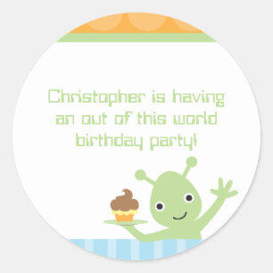 Alien with cupcake boy's birthday party stickers