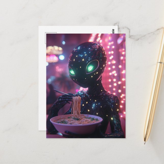 Alien with Glowing Eyes Eating Noodles Postcard (Front/Back In Situ)