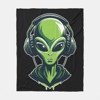 Alien with Headphones – Minimalist Techno & R Fleece Blanket