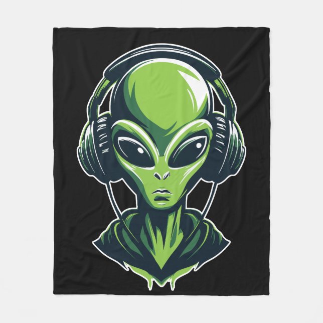 Alien with Headphones – Minimalist Techno & R Fleece Blanket (Front)