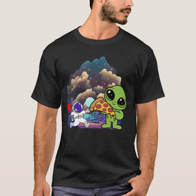 Alien with Pizza in Cosmic Landscape T-Shirt (Front)