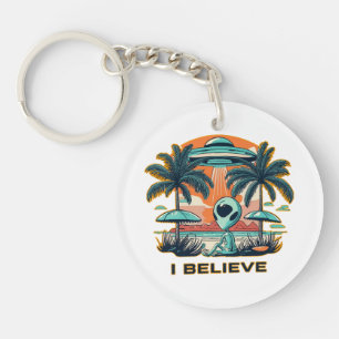 alien with UFO I BELIEVE Key Ring