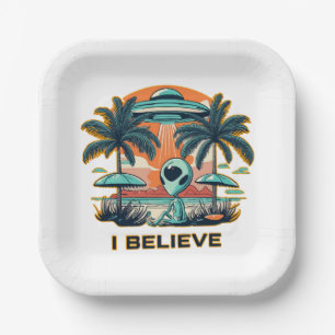 alien with UFO I BELIEVE Paper Plate