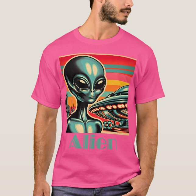 Alien With Ufo Retro-Style T-Shirt (Front)