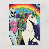 Alien Woman and Green Robot in Love With Unicorn