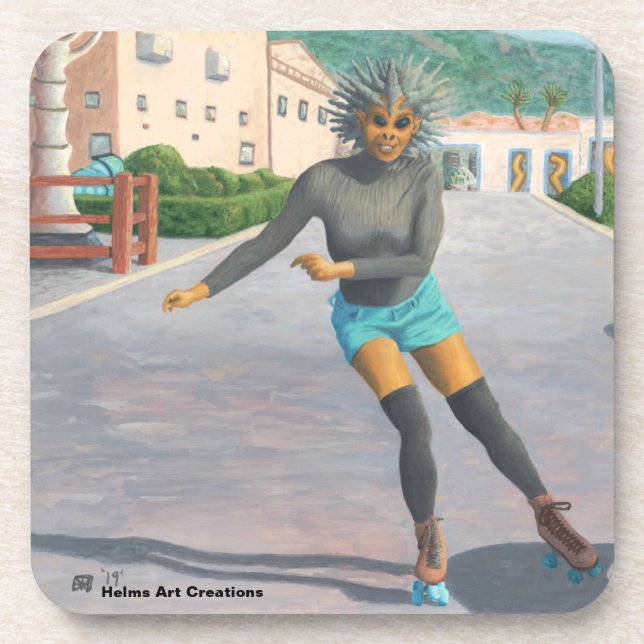 Alien Woman Roller Skater Fantasy Plastic Coasters (Front)
