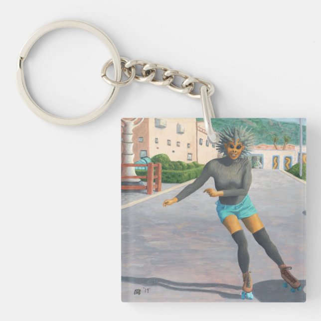 Alien Woman Roller Skating Fantasy Art Keychain (Front)