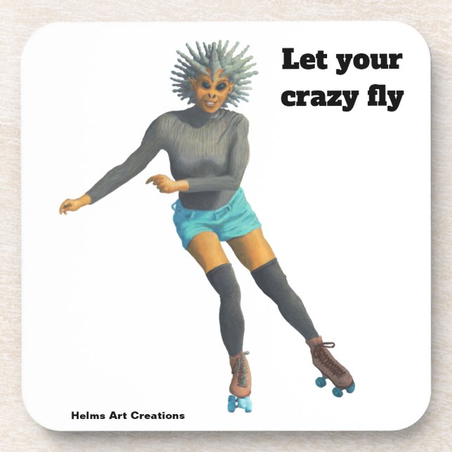 Alien Woman Roller Skating Fantasy Plastic Coaster (Front)